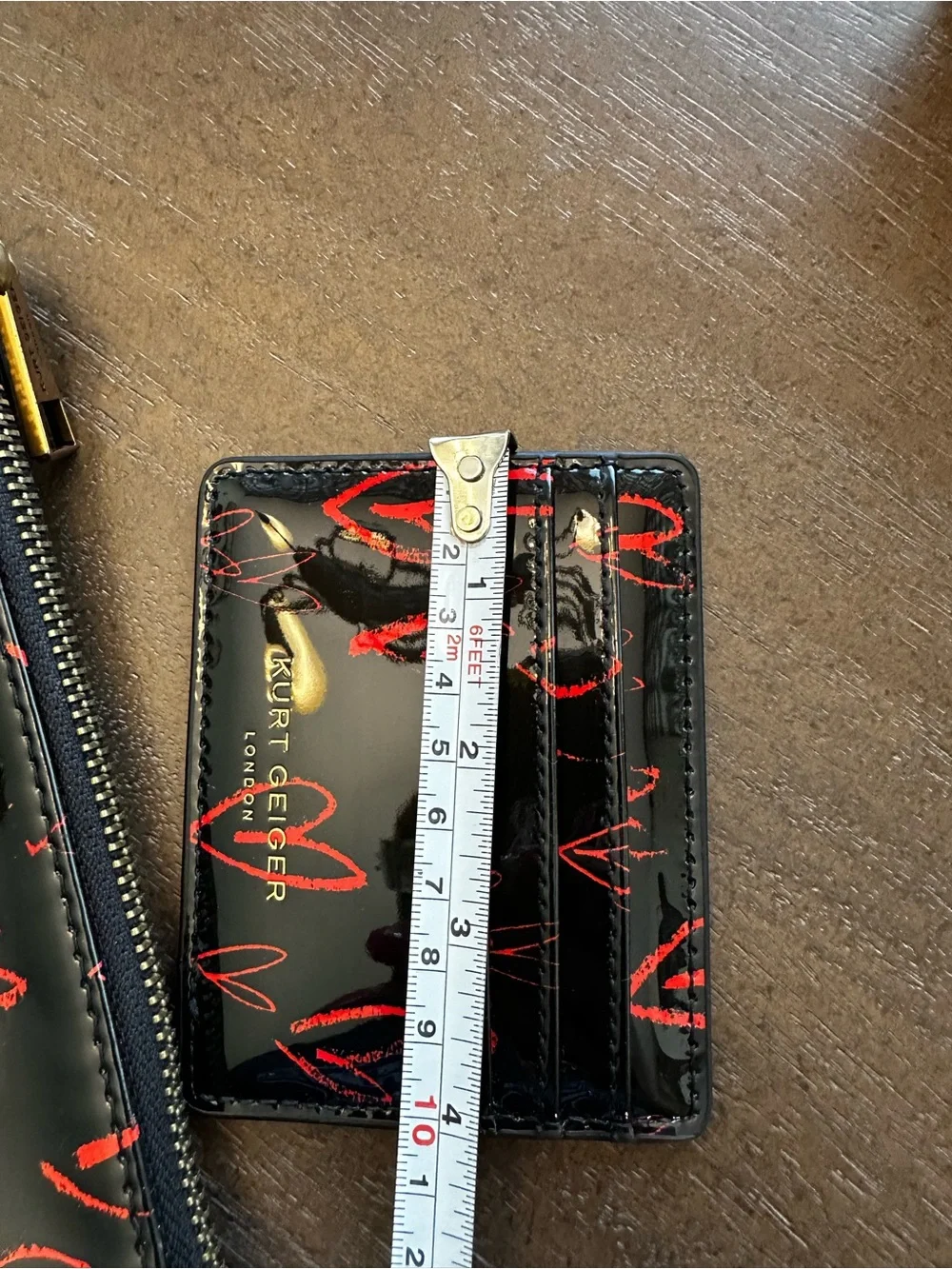 Kurt Geiger Black Patent Pouch and Cardholder Set with Red Hearts